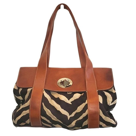 Kate Spade Zebra Print Leather Flap Hobo Purse Cream Black Canvas 12‎ x 8.5 - Picture 1 of 12